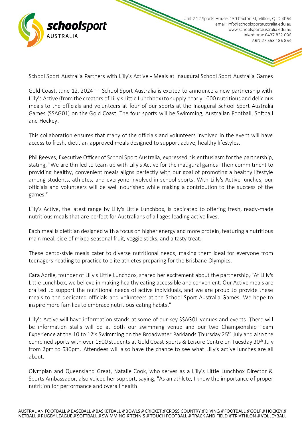 SSA & Lilly’s Active partnership announcement – Meals at Inaugural School Sport Australia Games